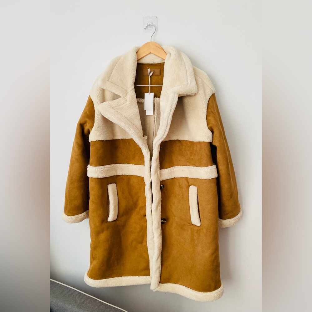 Blank NYC Tan and Cream Shearling-Trimmed Coat
